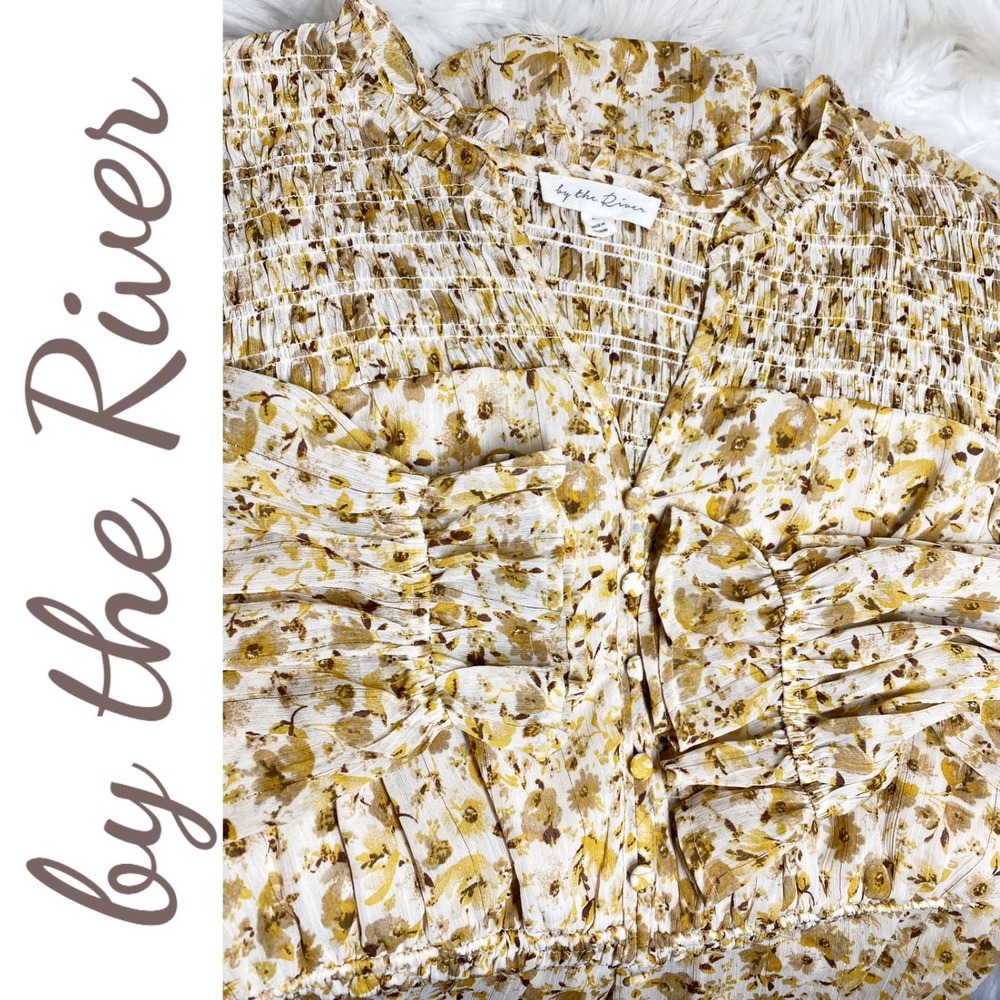 By the River Romantic Floral Boho Smocked Tiered Maxi Dress Cream Yellow, Medium - Picture 9 of 14